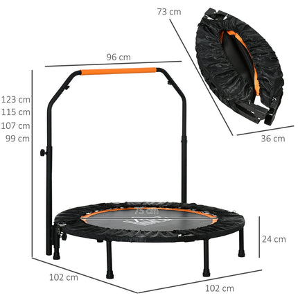 102 cm ilgio fitneso batutas, sulankstomas mini batutas su keturių krypčių reguliuojamo aukščio rankena, fitneso atšokimo sistema suaugusiems, iki 100 kg, juodas