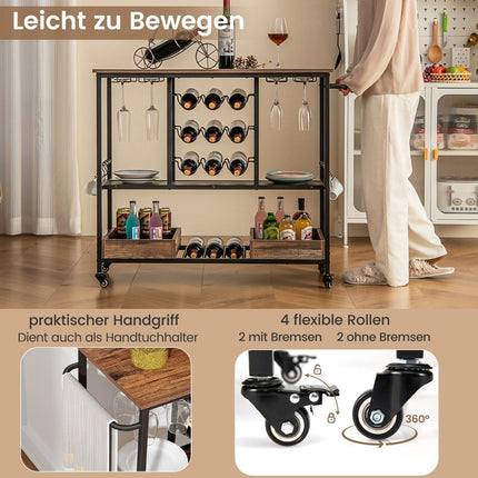 108 x 40 x 91 cm 3-tier kitchen trolley with wheels &amp; Glass holders &amp; Wine Rack &amp; Hook serving trolley trolley brown