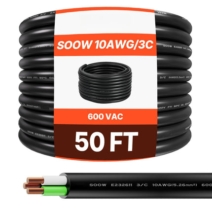 10 AWG 3-Conductor SOOW Copper Power Cable, 50 ft