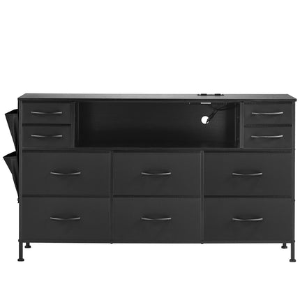 10-Drawer Fabric Dresser with LED Lights and Outlet, Black