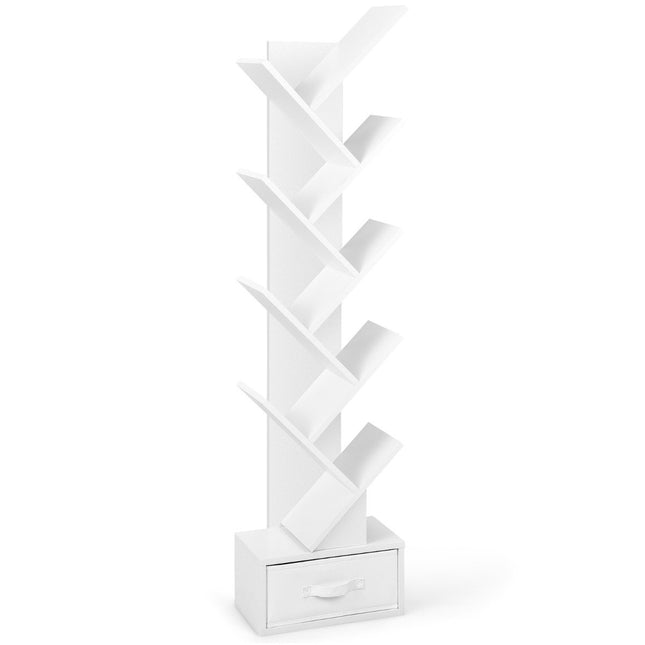 10 pakopų medžio formos knygų lentyna su stalčiais, pastatoma, balta