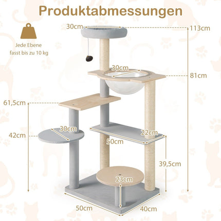 113 cm aukščio modernus draskyklės stulpas su nuimama ir paminkštinta apžvalgos platforma ir laipiojimo medžiu