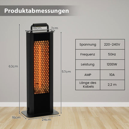 1200 W laisvai pastatomas šildytuvas su apsauga nuo apvirtimo ir perkaitimo, elektrinis šildytuvas pagamintas iš aliuminio, terasos šildytuvas, atsparus vandeniui