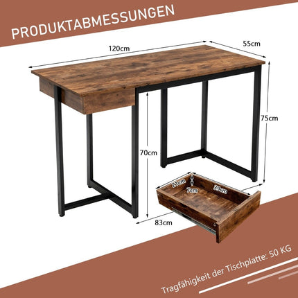 120 cm ilgio kompiuterio stalas su stalčiumi ir reguliuojamais pagalvėlėmis, kaimiško stiliaus, rudas