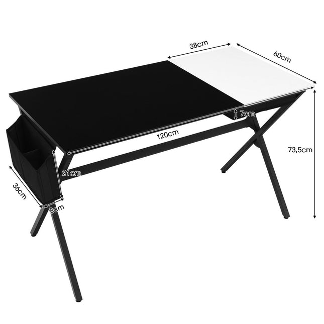 120 cm ilgio stalas su kubo formos stalčiumi ir šoninėmis kišenėmis, juodas + baltas, kompiuterio stalas