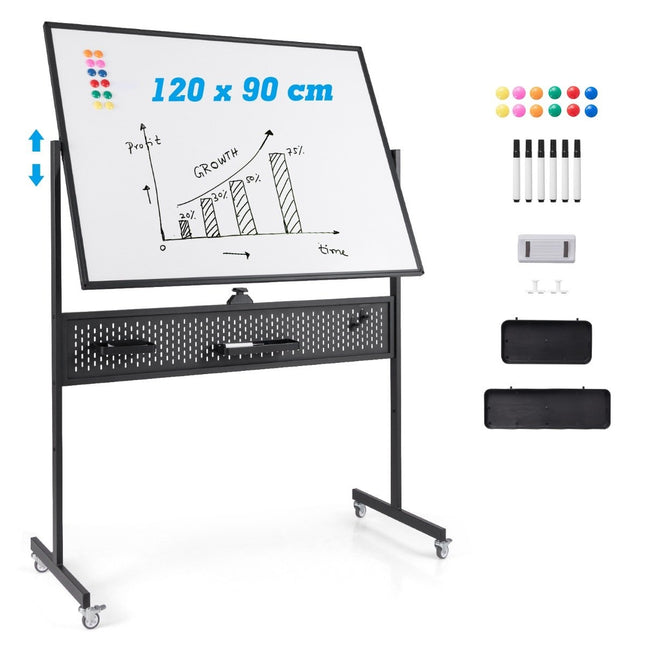 120 x 90 cm dvipusė mobili balta lenta su perforuota lenta, roletais ir juodu stovu