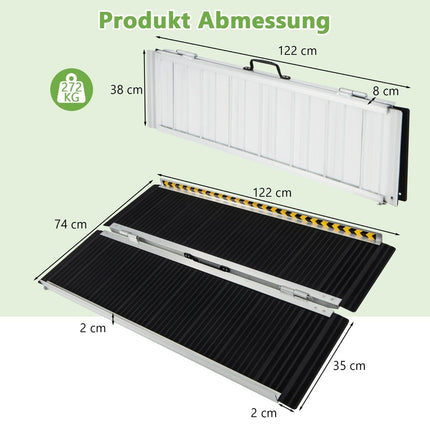 122 x 74 cm neįgaliojo vežimėlio rampa, nešiojama ir neslystanti sulankstoma rampa, keliamoji galia iki 272 kg, aliuminio