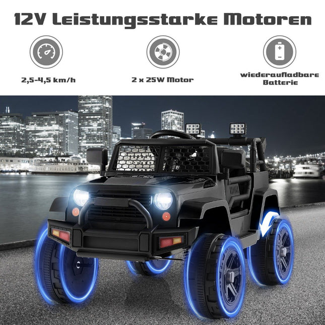 12 V baterijomis maitinama elektrinė vaikiška transporto priemonė su nuotolinio valdymo pultu, juoda