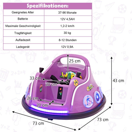 12 V vaikiškas bamperinis automobilis, 360° besisukantis, muzika ir nuotolinio valdymo pultas, violetinis