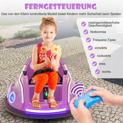 12 V vaikiškas bamperinis automobilis, 360° besisukantis, muzika ir nuotolinio valdymo pultas, violetinis