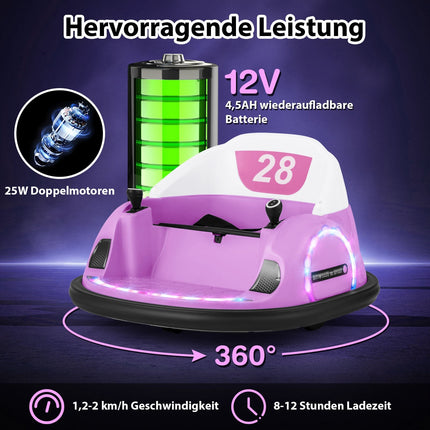 12 V vaikiškas elektrinis automobilis su buferiu ir nuotolinio valdymo pultu, rožinis, 360 laipsnių sukimasis