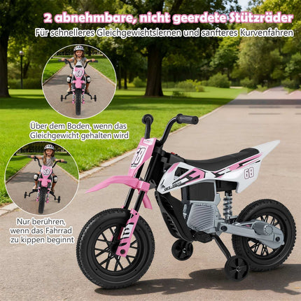 12 V vaikiškas elektrinis motociklas su pagalbiniais ratukais, rožinis
