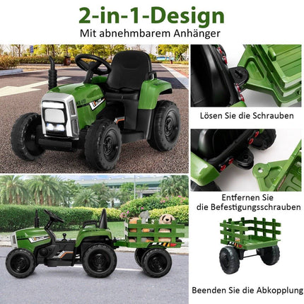 12 V vaikiškas traktorius su nuimama priekaba ir nuotolinio valdymo elektriniu žaisliniu automobiliu, žalias