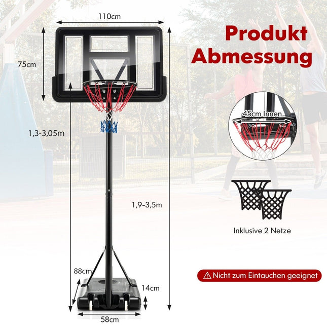 130 cm - 305 cm aukščio reguliuojamo aukščio krepšinio lankas su stovu ir 2 ratukų krepšio laikikliu, juodas