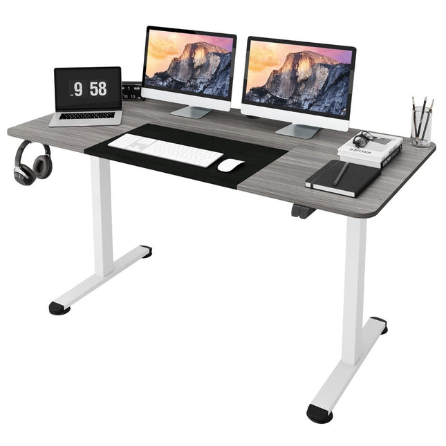 140 x 70 cm, elektrinis aukščio reguliavimo stalas su fiksavimo mechanizmu ir kabliukais, tamsiai pilkas