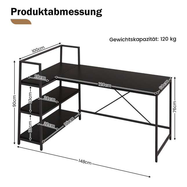 148 cm ilgio L formos kompiuterio stalas su atviromis lentynomis, erdvę taupantis stalas moderniai darbo vietai, juodas