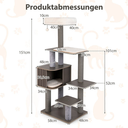 151 cm katėms skirtas draskyklė su nameliu, draskyklomis ir žaislais