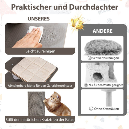 151 cm katėms skirtas draskyklė su nameliu, draskyklomis ir žaislais