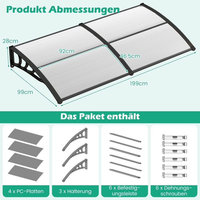 199 x 99 cm stogelis lauko durims, lauko durų stogelis, permatomas stalo stogelis