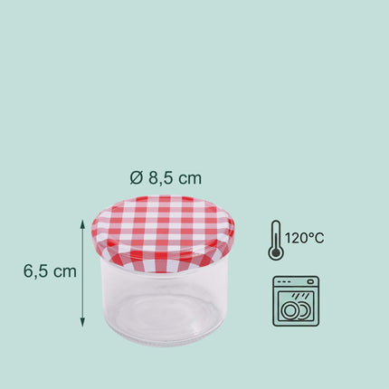 220 ml uogienės stiklainiai, hermetiški atsukami dangteliai, raudonai balti