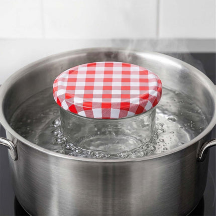 220 ml uogienės stiklainiai, hermetiški atsukami dangteliai, raudonai balti