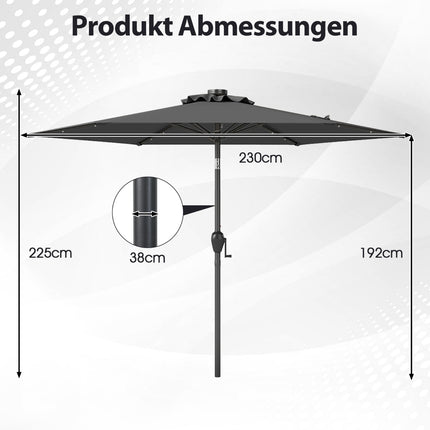 230 cm terasos skėtis su LED saulės energija varomomis lemputėmis ir alkūniniu velenu
