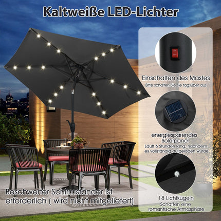 230 cm terasos skėtis su LED saulės energija varomomis lemputėmis ir alkūniniu velenu