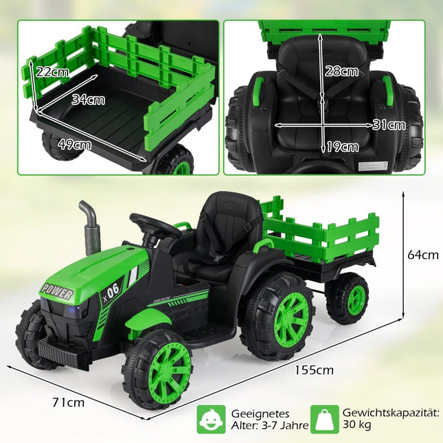 24 V vaikiškas elektrinis traktorius su priekaba, LED, muzika, žalias