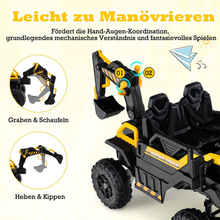 24 V vaikams skirtas ekskavatorius su nuotolinio valdymo pultu, 4WD, geltonas