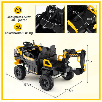 24 V vaikams skirtas ekskavatorius su nuotolinio valdymo pultu, 4WD, geltonas