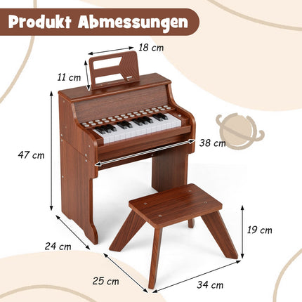 25 klavišų vaikiškas skaitmeninis pianinas su kėdute, rudas