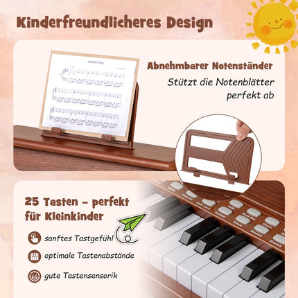 25 klavišų vaikiškas skaitmeninis pianinas su kėdute, rudas