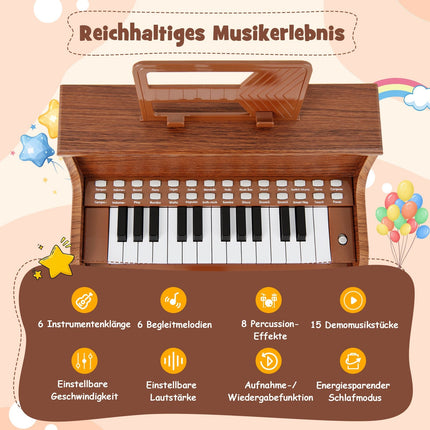 25 klavišų vaikiškas skaitmeninis pianinas su kėdute, rudas
