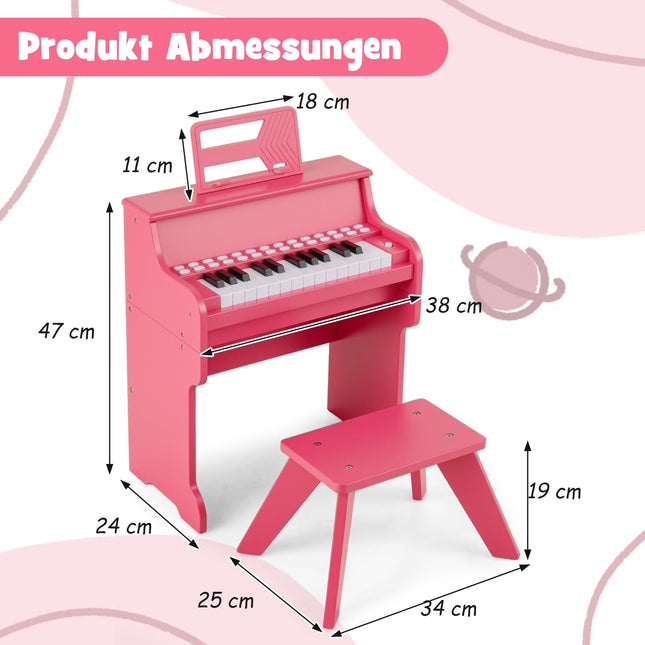 25 klavišų vaikiškas skaitmeninis pianinas su kėdute, rožinis