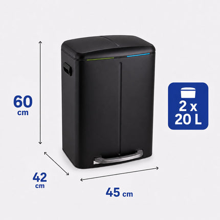 2-Compartment Pedal Bin 2 x 20 L with Soft-Close Lid, Black