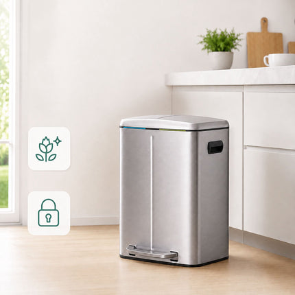 2-Compartment Pedal Bin 2 x 20 L with Soft-Close Lid, Silver