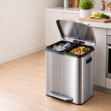 2-Compartment Pedal Bin 2 x 20 L with Soft-Close Lid, Silver