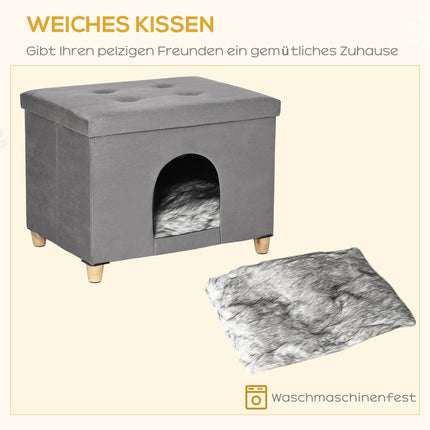 2 viename katės urvo pakojė su pagalvėle, medinėmis kojelėmis, katės namelis, katės krepšelis, minkštas, paminkštintas pufas, elegantiškas dizainas, nuimamas MDF, pliušinis, pilkas