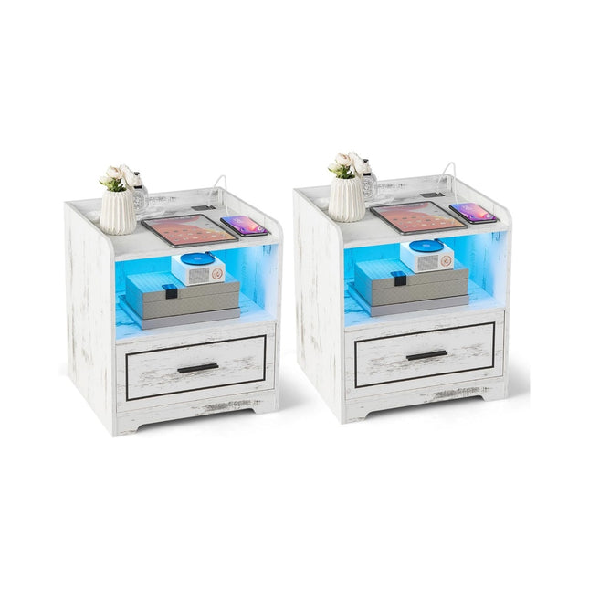 Dviejų dalių naktinių staliukų komplektas su LED lempute ir USB įkrovikliu