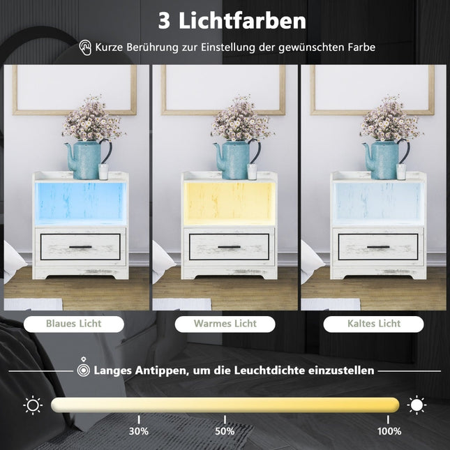 Dviejų dalių naktinių staliukų komplektas su LED lempute ir USB įkrovikliu