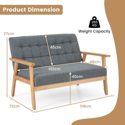 Dvivietė lininė sofa su dviviete sėdyne, dygsniuota, kaučiukmedžio rėmas