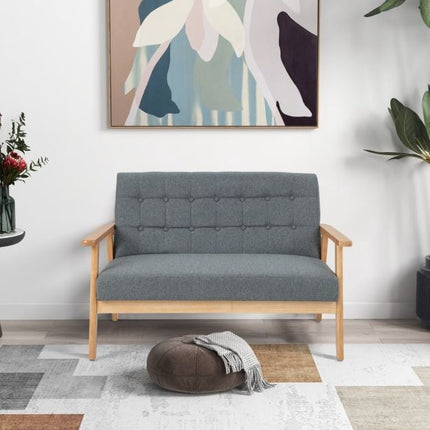 Dvivietė lininė sofa su dviviete sėdyne, dygsniuota, kaučiukmedžio rėmas
