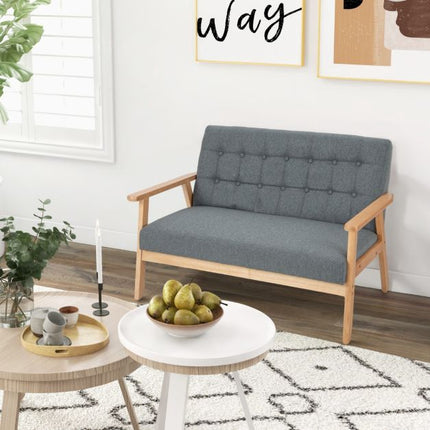 Dvivietė lininė sofa su dviviete sėdyne, dygsniuota, kaučiukmedžio rėmas