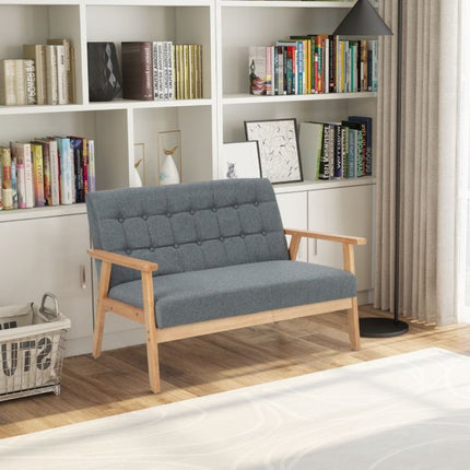 Dvivietė lininė sofa su dviviete sėdyne, dygsniuota, kaučiukmedžio rėmas
