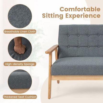 Dvivietė lininė sofa su dviviete sėdyne, dygsniuota, kaučiukmedžio rėmas