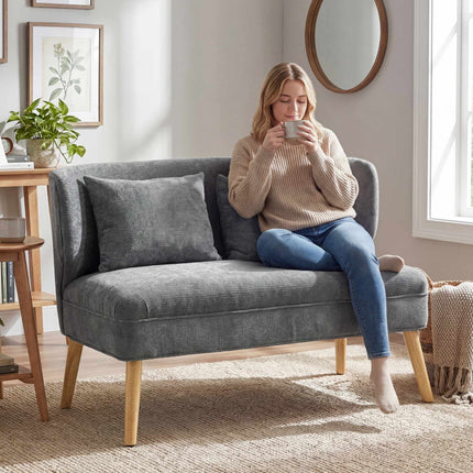 Dvivietė šenilinė sofa su atlošu ir kaučiukmedžio kojelėmis, pilka