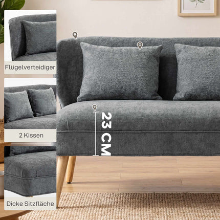Dvivietė šenilinė sofa su atlošu ir kaučiukmedžio kojelėmis, pilka