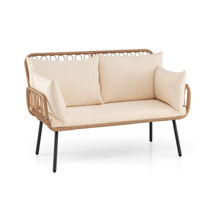 Dvivietė lauko sofa iš PE rotango su pagalvėlėmis, smėlio spalvos