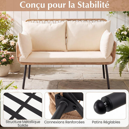 Dvivietė lauko sofa iš PE rotango su pagalvėlėmis, smėlio spalvos