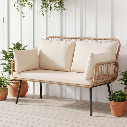Dvivietė lauko sofa iš PE rotango su pagalvėlėmis, smėlio spalvos